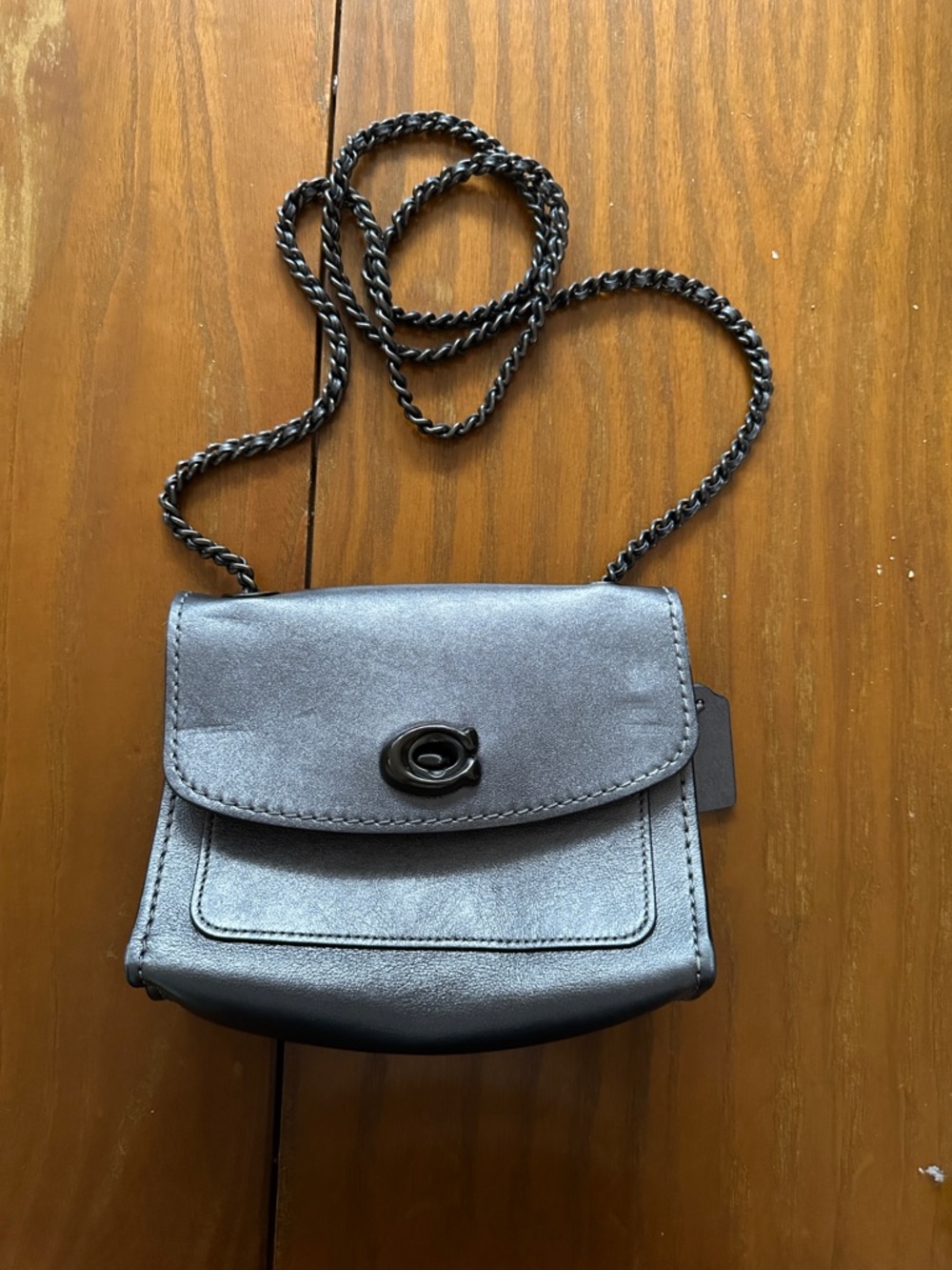 Coach Metallic Gray Leather Turnlock Crossbody
